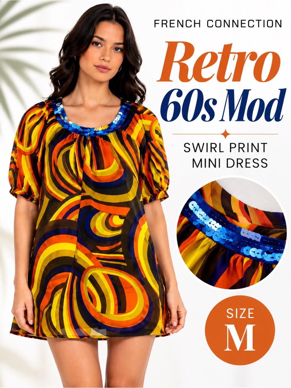 French Connection Retro 60s Mod Psychedelic Swirl Mini Dress Sequin M